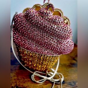 Pink  & Gold Crystal Cupcake Clutch  Bag with Removable gold chain strap